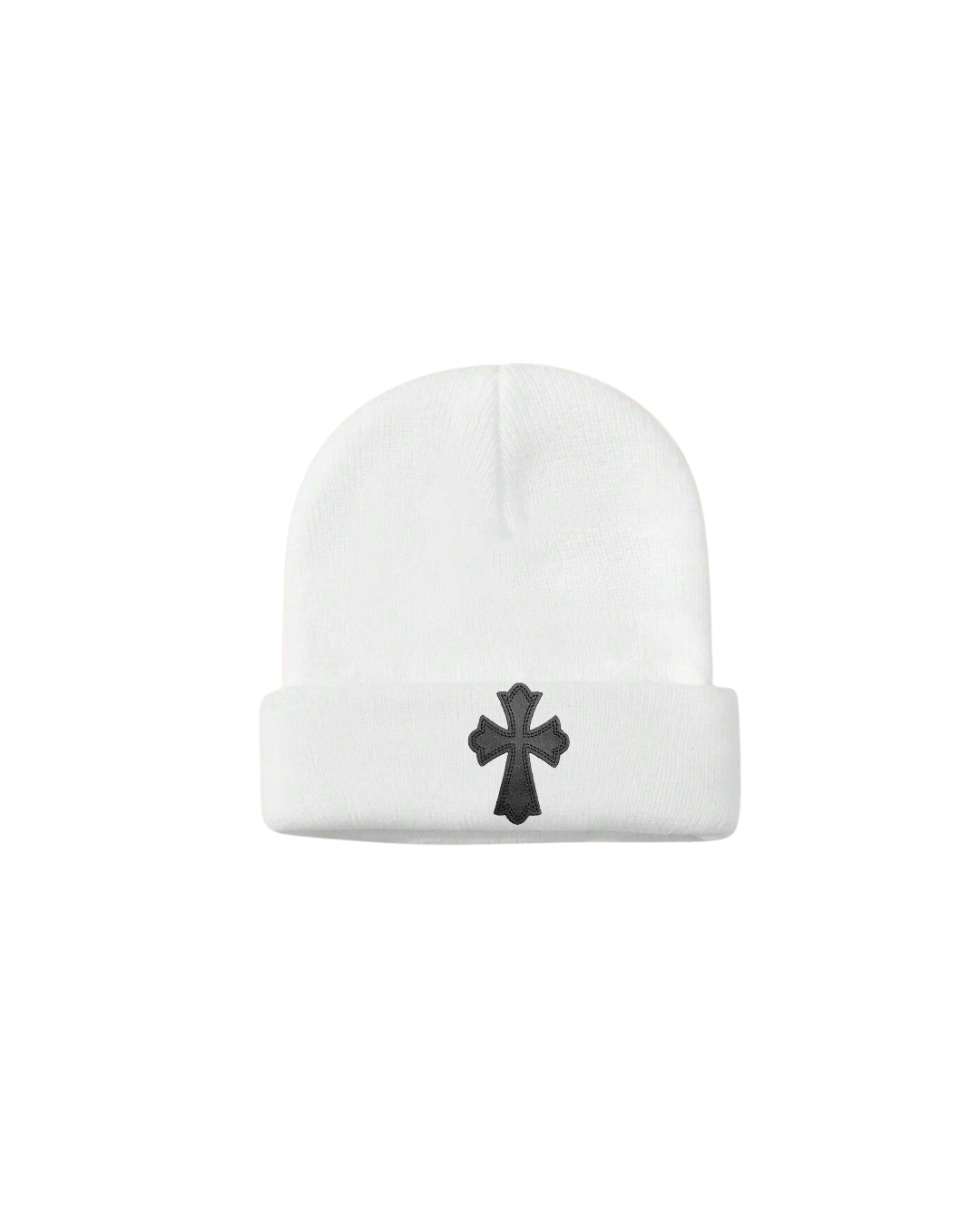 Beanie Blanco Con Cruz De Piel